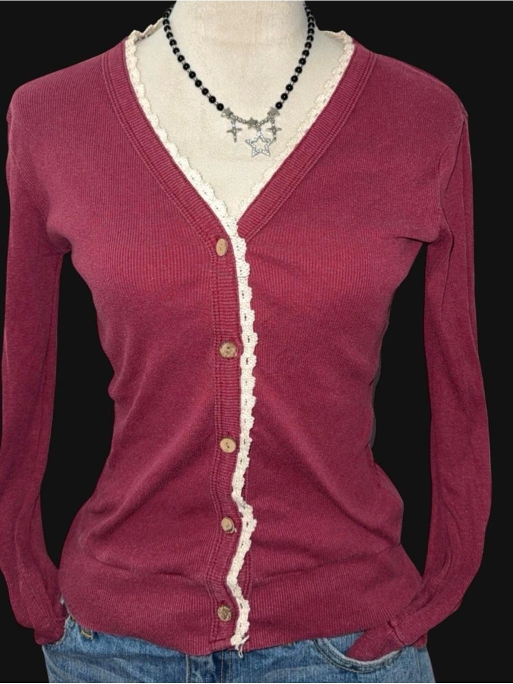 Womens Lace-Trim Button Cardigan in Burgundy